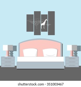 BedRoom modern interior. Room interior design with furniture, bed, nightstand lamp, night light and picture. Flat style vector illustration.