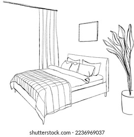 Bedroom modern interior vector drawing isolated on white background