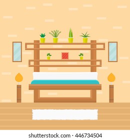 Bedroom in modern style with beds, lamps, paintings, windows and plants, rugs, vector illustration in flat style