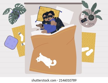 A Bedroom Morning Scene, A Young Couple Spooning In Bed With Their Pets, A Dog And A Cat