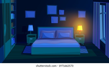 Bedroom at night. Evening bed, room interior with moon light. Dark out window, modern cartoon empty home at sleep time recent vector illustration