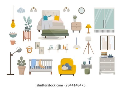 bedroom and nursery, double bed, armchair, floor lamp, table lamp, window, wardrobe, chest of drawers, bottles with a mixture, flowers in flowerpots, a shelf with books, pillows, bright accents, paste