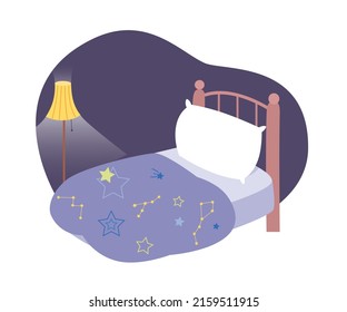 Bedroom nursery interior vector illustration. Cartoon light from lamp, blue bedclothes with stars and constellations patterns on single empty boys bed with pillow and blanket isolated on white