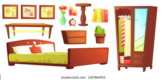 Bedroom object set with bed and wooden coffee table and wardrobe . Stylish furniture - a lamp and a vase and a alarm clock. Vector cartoon illustration