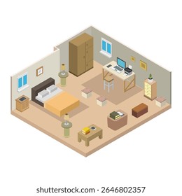 Quarto e área de escritório isométrica em fundo branco