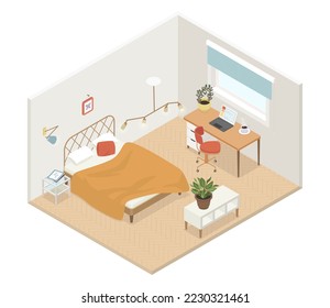 Bedroom and office area - modern vector colorful isometric illustration. Room for work and rest. Bed, desk, chair, laptop and bookshelf. Apartment and furniture. Home design and house decor idea