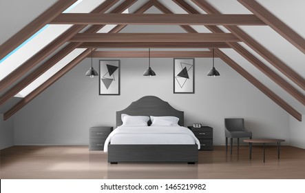 Bedroom on attic, empty interior modern home mansard or hotel apartment on roof with double king size bed, nightstands, lamps, table and chair luxury bedchamber design Realistic 3d vector illustration