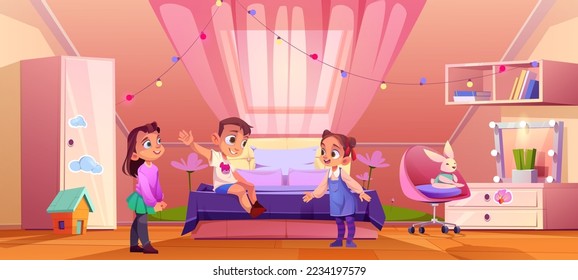 Bedroom on attic with playing kids. Cute baby boy and girls in room on mansard with bed, cupboard, bookshelf, chair and plush rabbit toy, vector cartoon illustration