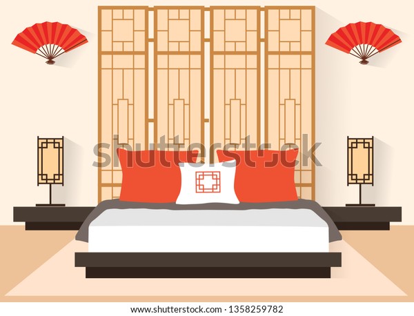 Bedroom Oriental Style Chinese Flat Interior Stock Vector