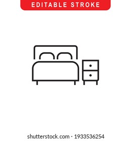 Bedroom Outline Icon. Bedroom Line Art Logo. Vector Illustration. Isolated on White Background. Editable Stroke