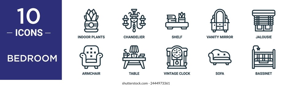 bedroom outline icon set includes thin line indoor plants, chandelier, shelf, vanity mirror, jalousie, armchair, table icons for report, presentation, diagram, web design