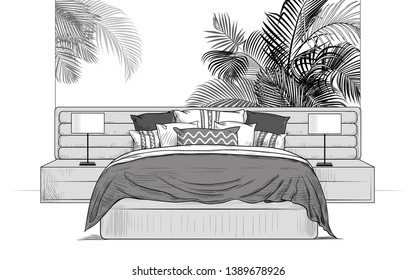 
Bedroom overlooking the palm trees. Bed with soft headboard and pillows, bedside tables with a lamps and palm leaves in the window close up.
Hand-drawn vector illustration in vintage style. 
