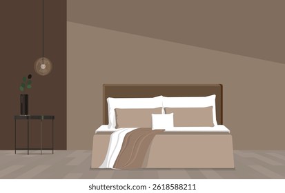 Bedroom in pastel tone Mocha Mousse color trend 2025 year panton furniture and background. Modern luxury room interior home design. Vector illustration.