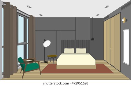 Bedroom perspective view. Vector color interior of the room with bed