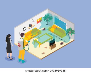 Bedroom pest control 3D isometric vector concept for banner, website, illustration, landing page, flyer, etc