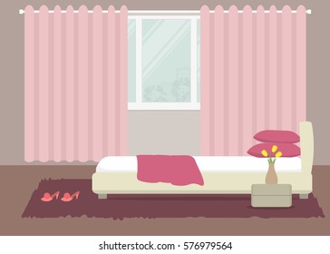 Bedroom in a pink color. There is a bed with pillows, bedside table, a vase with yellow tulips on a window background in the picture. Vector flat illustration