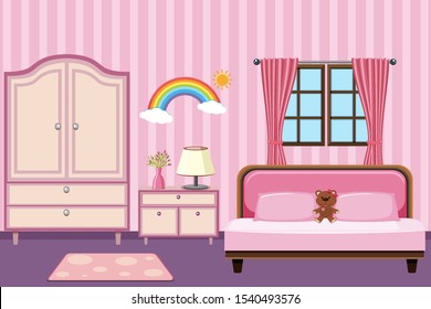 Bedroom with pink furniture illustration