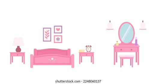 Bedroom with pink furniture on white background. Doll house interior concept. Cartoon flat style. Vector illustration