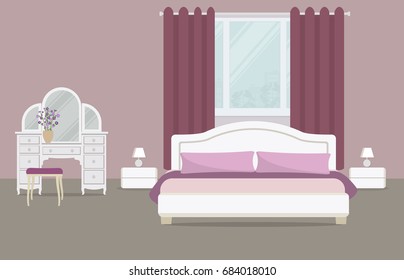 Bedroom in a purple color. There is a dressing table, a bed with pillows, bedside tables, lamps and other objects on a window background in the picture. Vector flat illustration