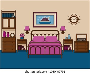 Bedroom retro interior. Vector. Hotel room in flat design with double bed. Home space in line art. Outline illustration. Cartoon house equipment. Vintage apartment 70s. Linear background 1960s.
