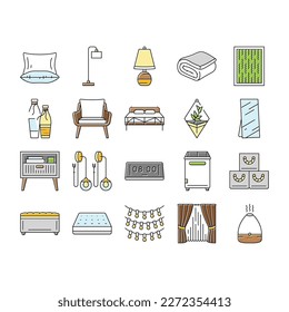bedroom room interior bed icons set vector. modern home, furniture wall, apartment decor, space cozy, style light bedroom room interior bed color line illustrations