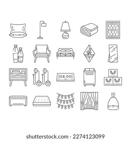 bedroom room interior bed icons set vector. modern home, furniture wall, apartment decor, space cozy, style light bedroom room interior bed black contour illustrations