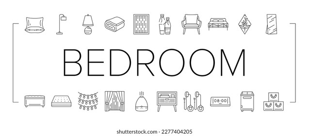 bedroom room interior bed icons set vector. modern home, furniture wall, apartment decor, space cozy, style light bedroom room interior bed black contour illustrations