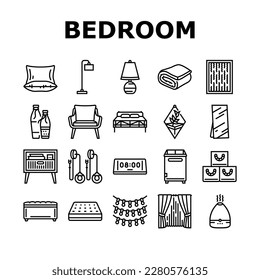 bedroom room interior bed icons set vector. modern home, furniture wall, apartment decor, space cozy, style light bedroom room interior bed black contour illustrations