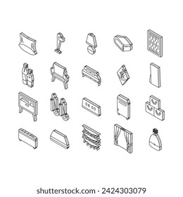 bedroom room interior bed isometric icons set. modern home, furniture wall, apartment decor, space cozy, style light bedroom room interior bed color line