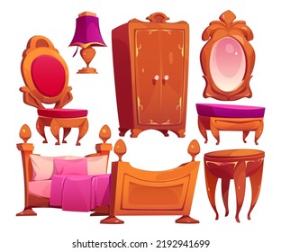 Bedroom room interior in classic vintage style isolated set. Luxury wooden furniture stuff armchair, coffee table, couch, lamp, cupboard, mirror and bed design elements, Cartoon vector illustration