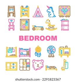 bedroom room kid interior icons set vector. child wall, home design, modern boy girl, bed furniture, house space, cute children bedroom room kid interior color line illustrations