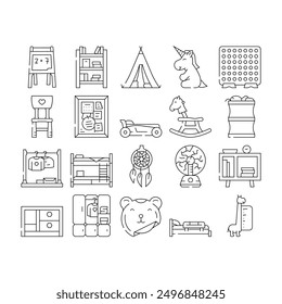 bedroom room kid interior icons set vector. child wall, home design, modern boy girl, bed furniture, house space, cute children bedroom room kid interior black contour illustrations