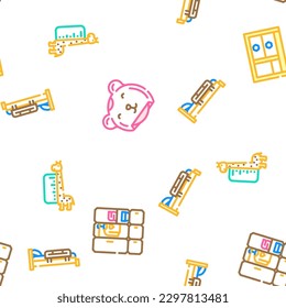 bedroom room kid interior vector seamless pattern thin line illustration