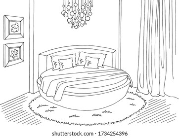 Bedroom round bed graphic black white home interior sketch illustration vector