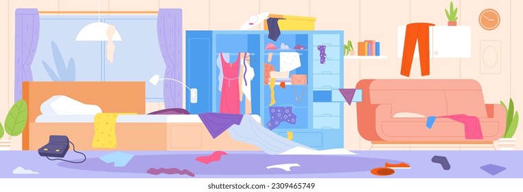 Bedroom scattered clothes. Messy bad disorganized interior scatter dress clutter wardrobe dirty room home apartment clothing chaos unclean floor splendid vector illustration of messy room interior