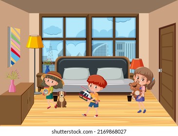 Bedroom scene with children cartoon character illustration