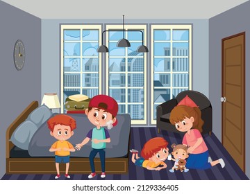 Bedroom scene with family members illustration