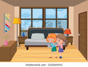 Bedroom scene with family members illustration