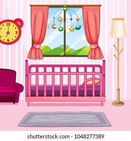 Bedroom scene with pink bed illustration