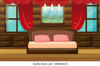 Bedroom scene with wooden bed illustration