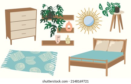 Bedroom set with furniture. Wardrobe, bed, shelves with flowers, chest of drawers, mirror, carpet, vases. Flat design, hand drawn cartoon, vector illustration. Template for printing.