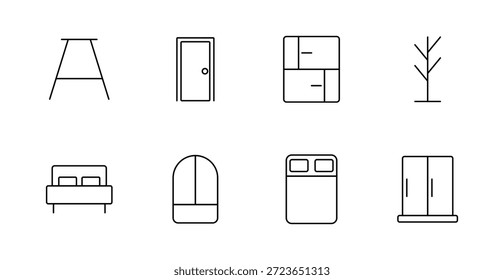 Ícone de conjunto de quarto. Mesa, porta, armário, cabide, cama, espelho, guarda-roupa, armazenamento, cômoda, organização, moderno, interior, móveis, casa