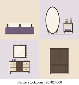 Bedroom set. Bedroom interior set. Bedroom furniture collection. Four interior pictures. Modern furniture: bed, mirror, nightstand, chest of drawer, wardrobe. Flat style vector illustration. 