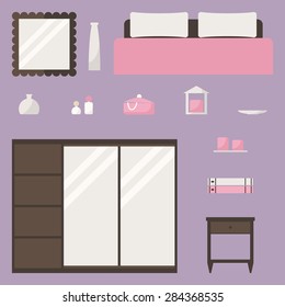 Bedroom set. Bedroom isolated elements. Modern wooden bedroom furniture. Wardrobe, bed, mirror, nightstand and decoration. Flat style vector illustration. 