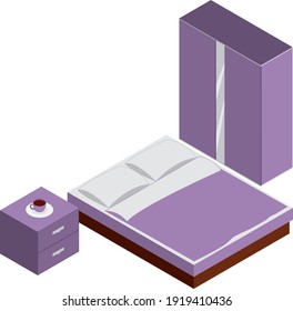 bedroom set in lilac colors, a double bed with two pillows and a blanket, a bedside table and a wardrobe