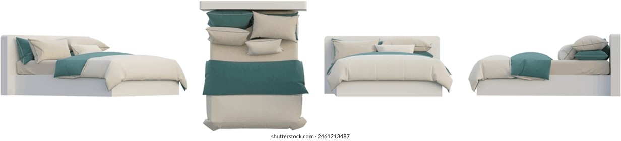 Bedroom set from various angles, 3D rendering transparent background