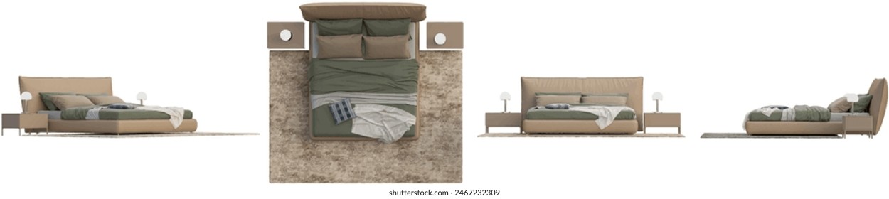 bedroom set from various angles, 3D rendering, interior lighting mood, transparent background