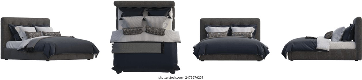 Bedroom set from various angles, 3D rendering transparent background