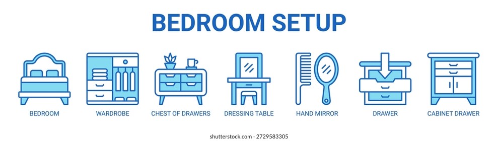 Quarto Configuração web banner ícone vetor ilustração conceito com ícone de quarto, guarda-roupa, peito de gavetas, mesa de vestir, espelho de mão, gaveta e gaveta de gabinete.