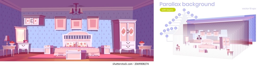 Bedroom in shabby chic style with bed, wardrobe and mirror. Vector parallax background for 2d animation with cartoon interior with pink furniture with flower decor